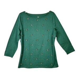 Land's End Knit Top Women M Rhinestone Comfort Stretch Hunter Green